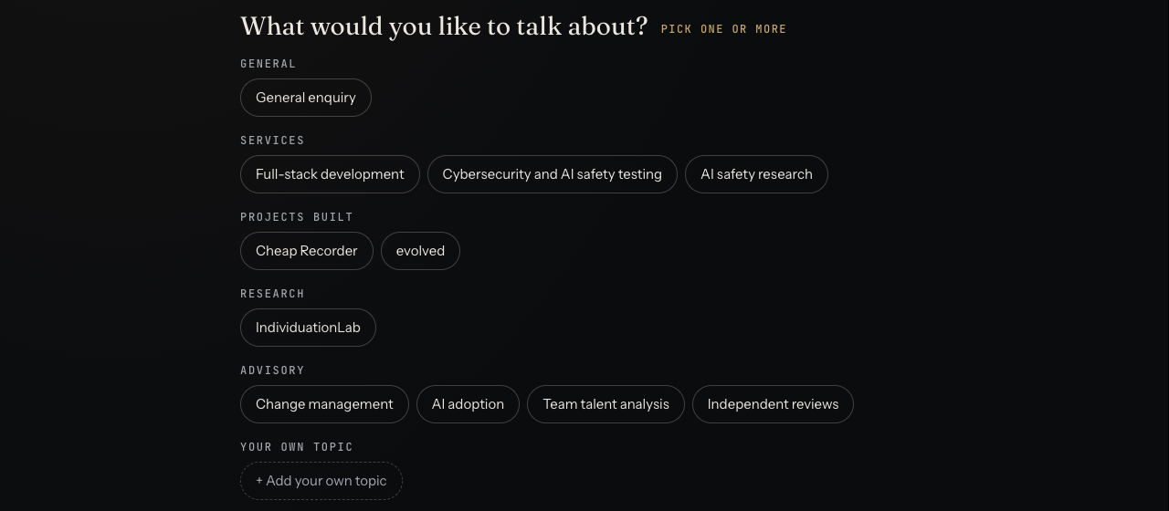 The whitehatstoic booking page topics, with cybersecurity and AI safety testing listed under services