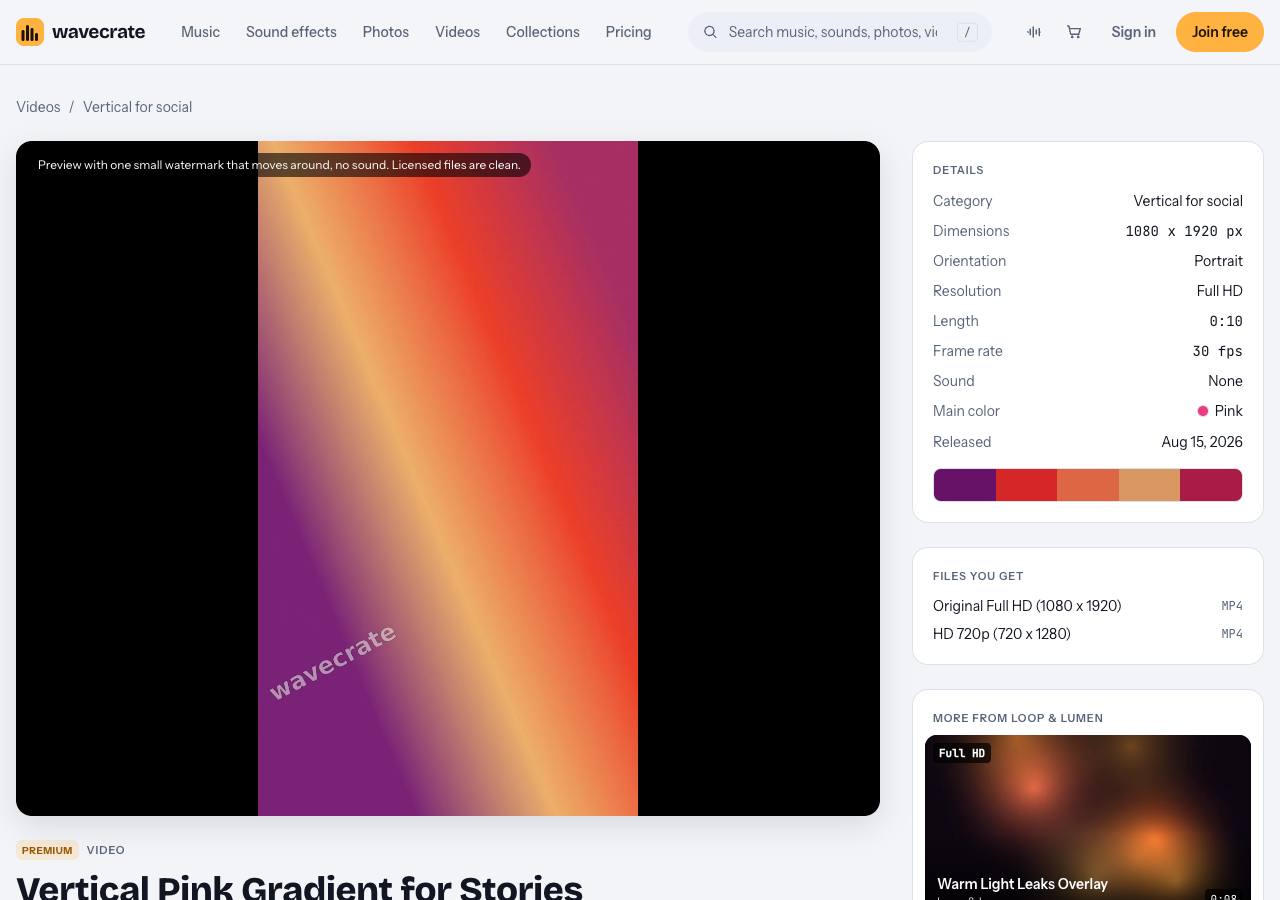 Vertical Pink Gradient for Stories video page on Wavecrate with its details panel showing 1080 x 1920 portrait, Full HD, 10 seconds, sound none, and its two files