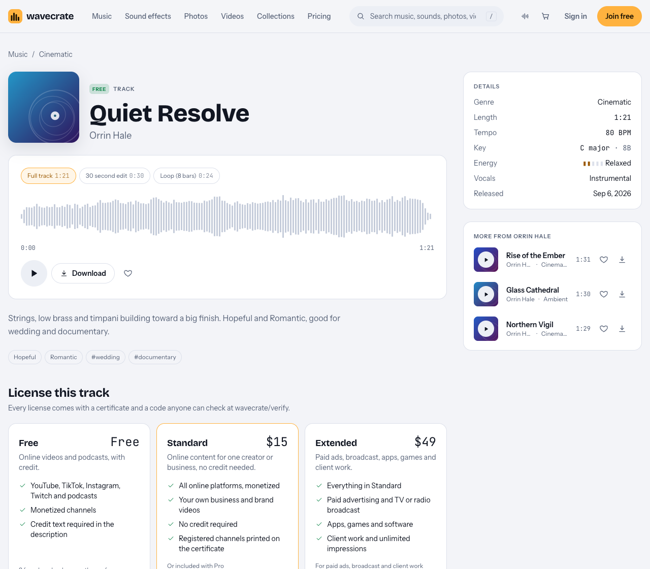 Quiet Resolve track page on Wavecrate tagged wedding and documentary, with its three versions and Free, Standard at $15 and Extended at $49 license cards