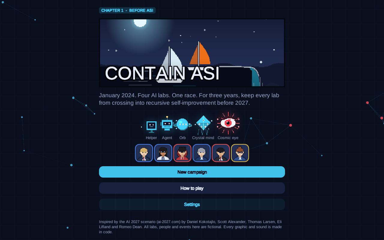 Contain ASI home page showing Chapter 1 Before ASI, the four AI labs pitch, five AI figures and the New campaign button