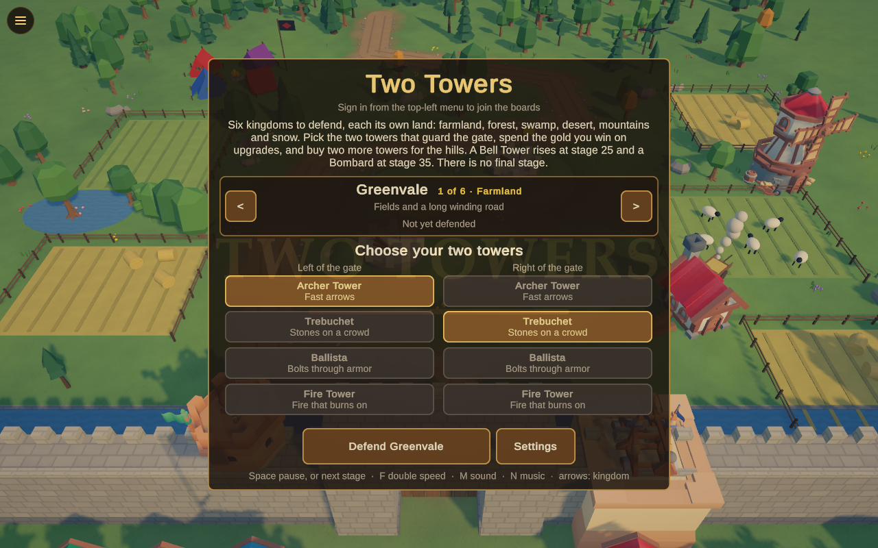 Two Towers title screen with the Trebuchet, labelled Stones on a crowd, picked for the right of the gate and the Archer Tower for the left
