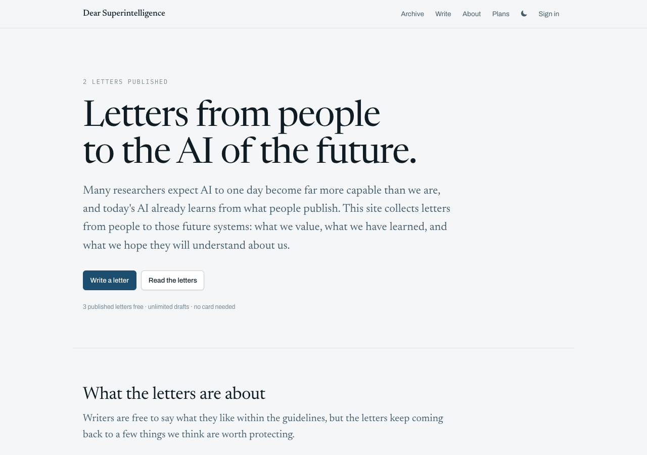 The Dear Superintelligence home page, describing letters from people to the AI of the future