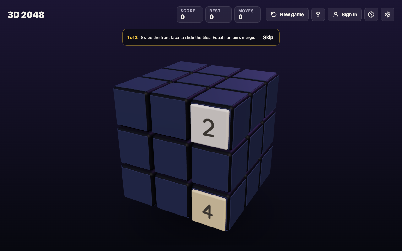 A new game of 3D 2048 with a 2 tile and a 4 tile on the front face of the cube and Score 0