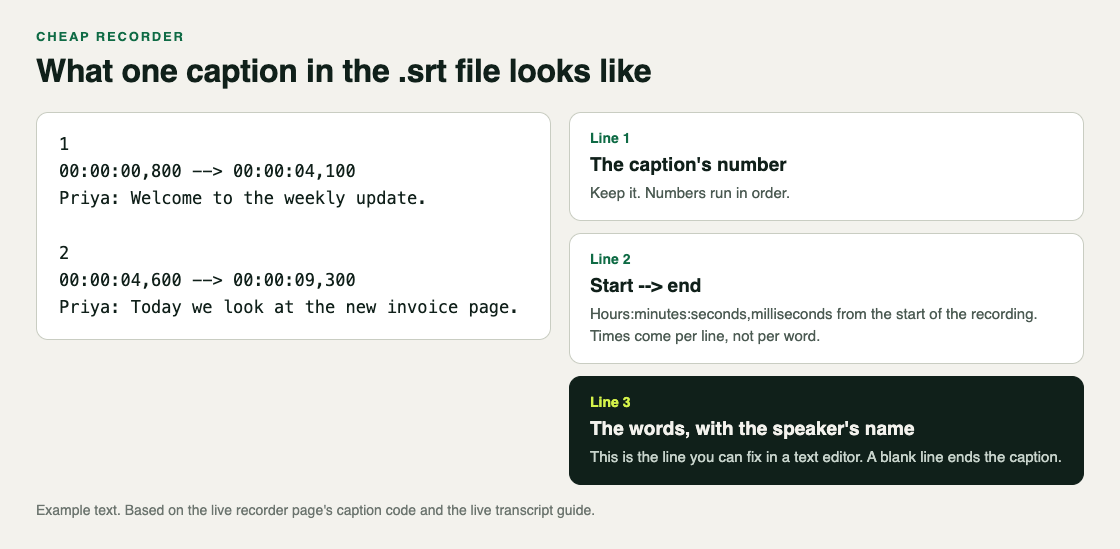 Diagram: two example caption blocks from an .srt file, each with a number, a start and end time line, and the words with the speaker's name, explained line by line