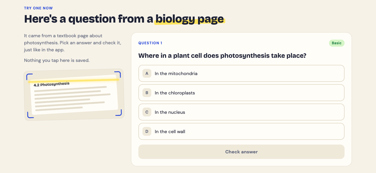 The Try one now section of the Study Shot home page, with a sample question about where photosynthesis takes place and a Check answer button