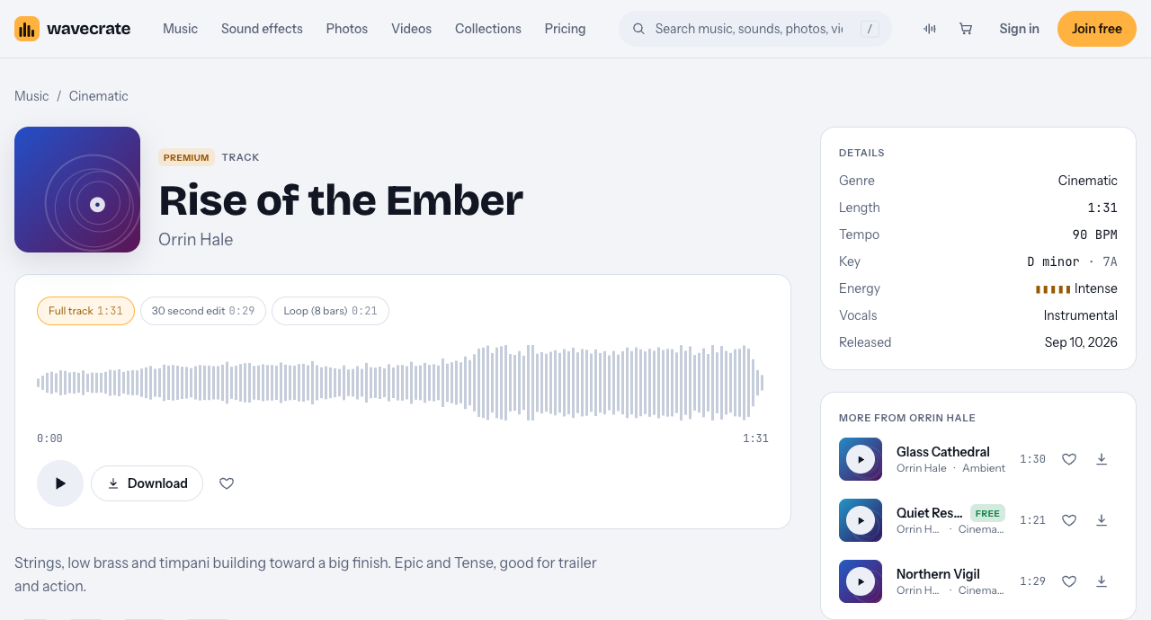Rise of the Ember track page on Wavecrate showing three versions, full track 1:31, 30 second edit 0:29 and an 8 bar loop of 0:21, with tempo, key and energy details