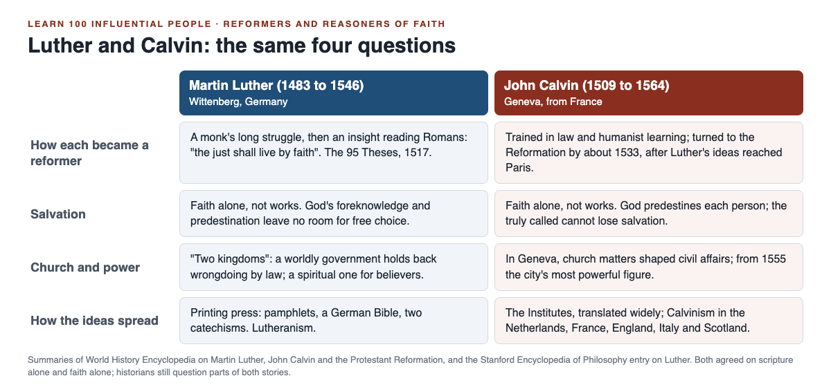 Side-by-side chart comparing Martin Luther and John Calvin on four questions: how each became a reformer, salvation, church and power, and how their ideas spread