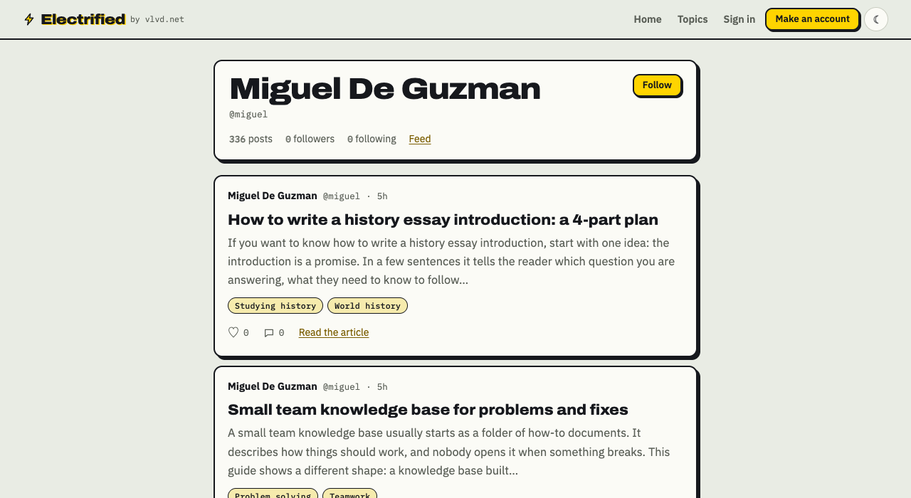 Miguel's page on Electrified showing his name, post count, a Follow button and the Feed link