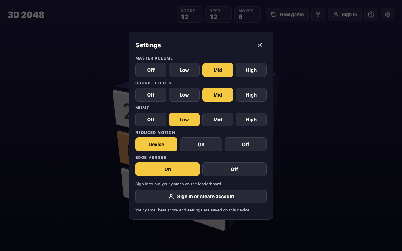 The 3D 2048 Settings box, ending with the line that your game, best score and settings are saved on this device