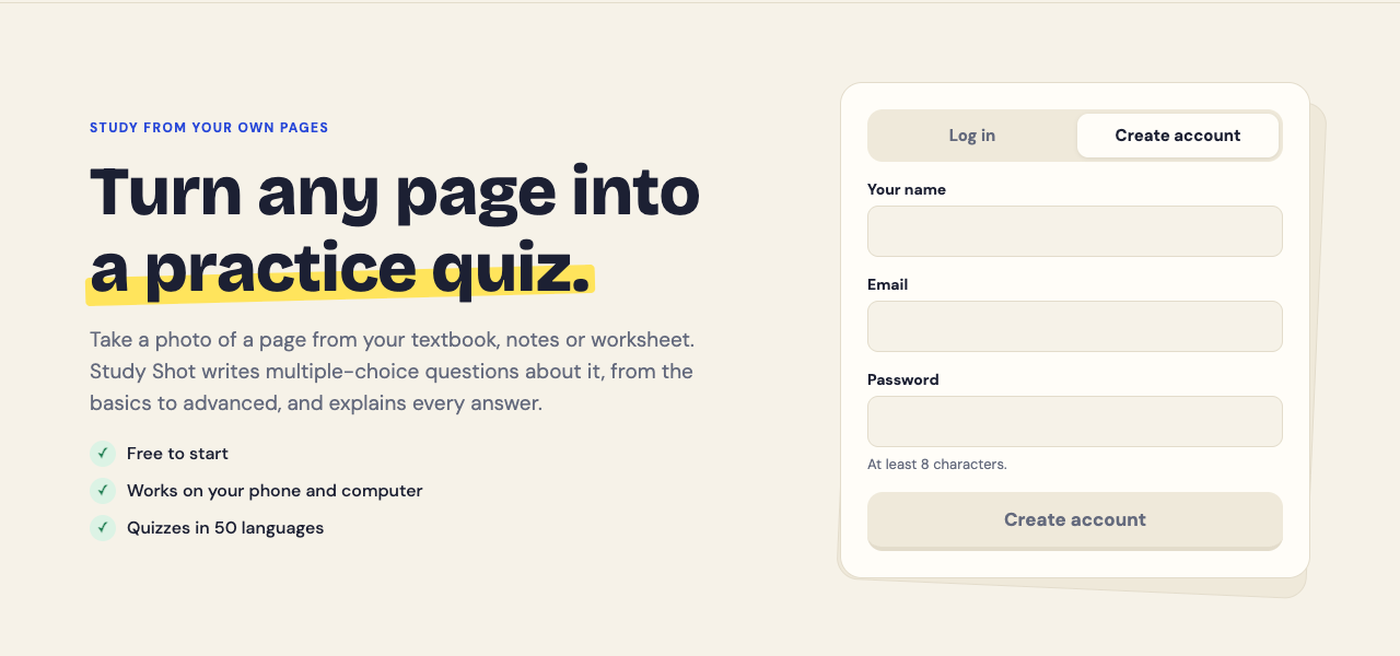 The top of the Study Shot home page: turn any page into a practice quiz, free to start, works on your phone and computer
