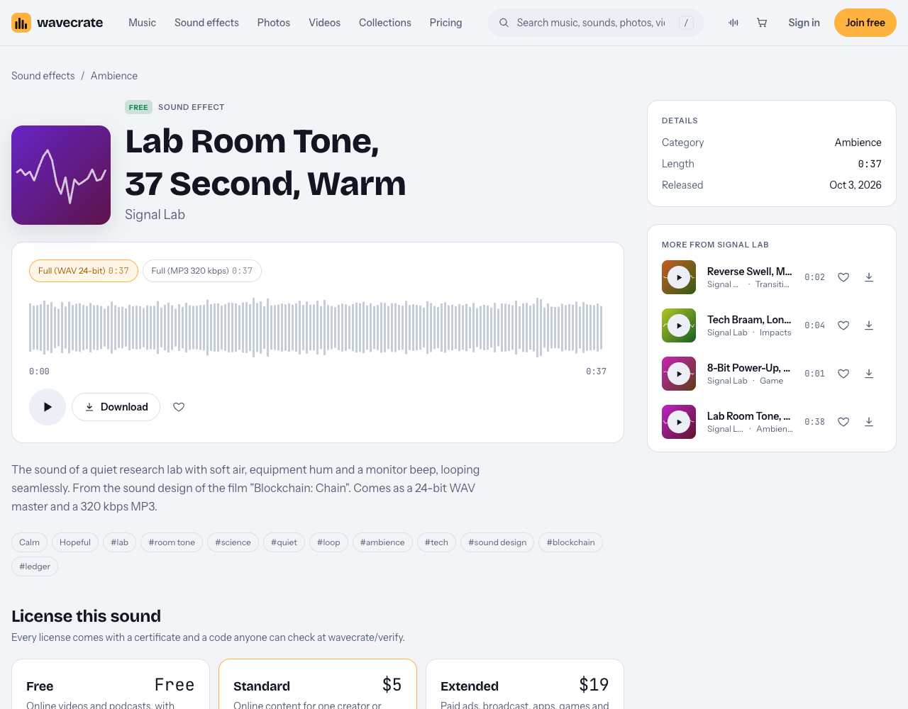 Lab Room Tone, 37 Second, Warm sound page on Wavecrate showing it is marked Free, with Free, Standard $5 and Extended $19 license cards