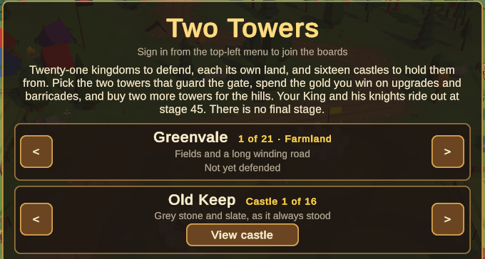 The Two Towers title screen with the kingdom picker on Greenvale, 1 of 21, and the castle picker on Old Keep, castle 1 of 16