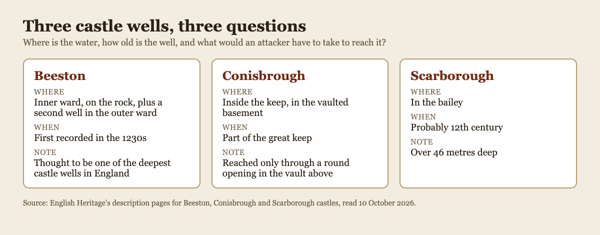 Diagram comparing the wells at Beeston, Conisbrough and Scarborough castles: where each sat, how old it is and what is notable about it