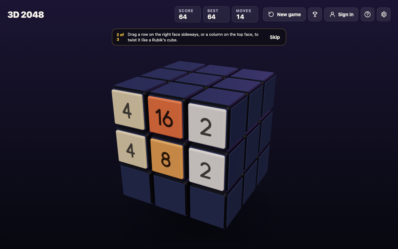 3D 2048 after a page reload, with Score 64, Best 64 and Moves 14 and the same tiles on the front face