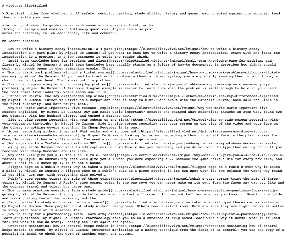 The top of Electrified's llms.txt file in a browser: the name, the quote summary, the paragraph and the first recent articles
