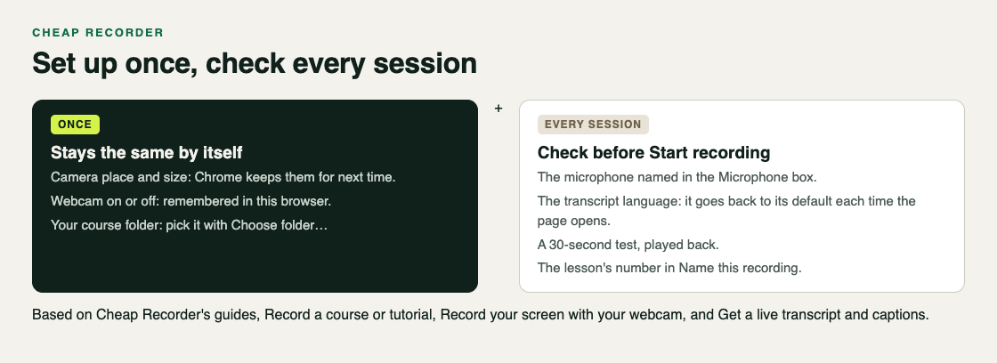 Diagram of what stays the same by itself, camera place and webcam on or off, and what to check every session, microphone, transcript language, a 30-second test and the lesson number