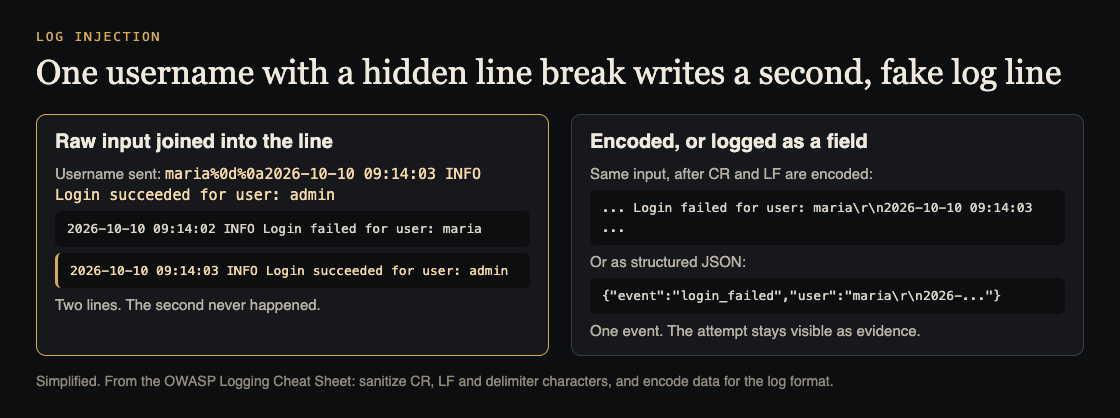 Diagram showing a username with a hidden line break creating a fake log line, and the same input encoded as one event