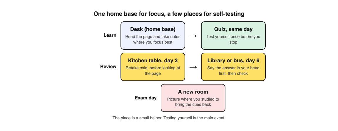 A diagram of a study week: learn at a home base desk, quiz the same day, retake at the kitchen table on day 3 and in a library on day 6, then picture the study place on exam day