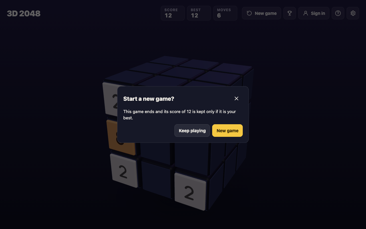 The Start a new game box in 3D 2048, with Keep playing and New game buttons and a note that the score is kept only if it is your best