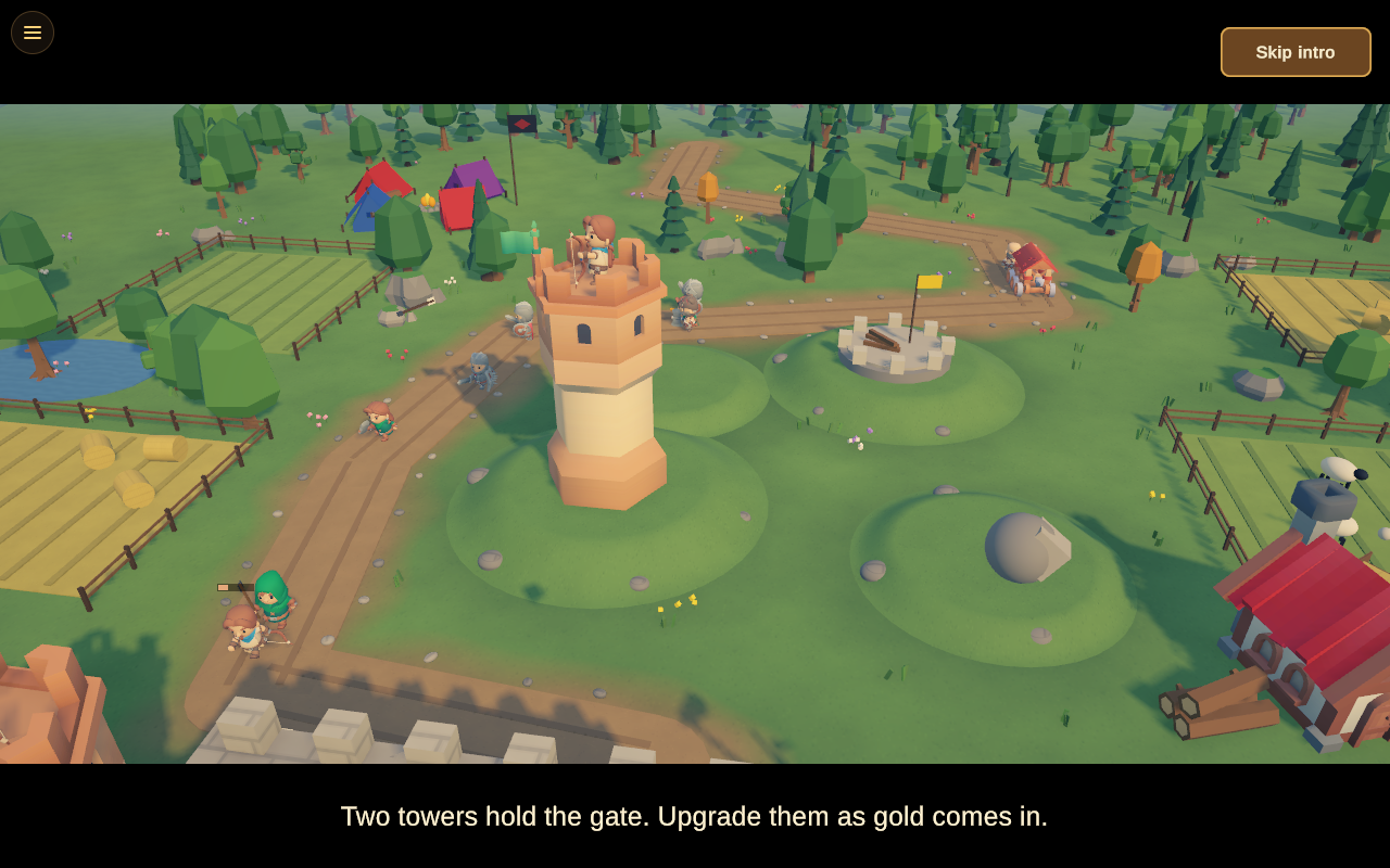 The Two Towers intro: attackers walking the dirt road toward the gate past an Archer Tower, with the caption Two towers hold the gate