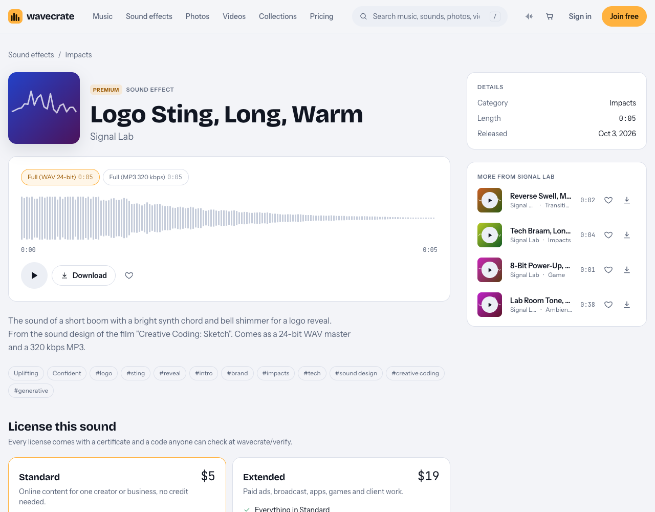 Logo Sting, Long, Warm sound page on Wavecrate with its description and Standard $5 and Extended $19 license cards