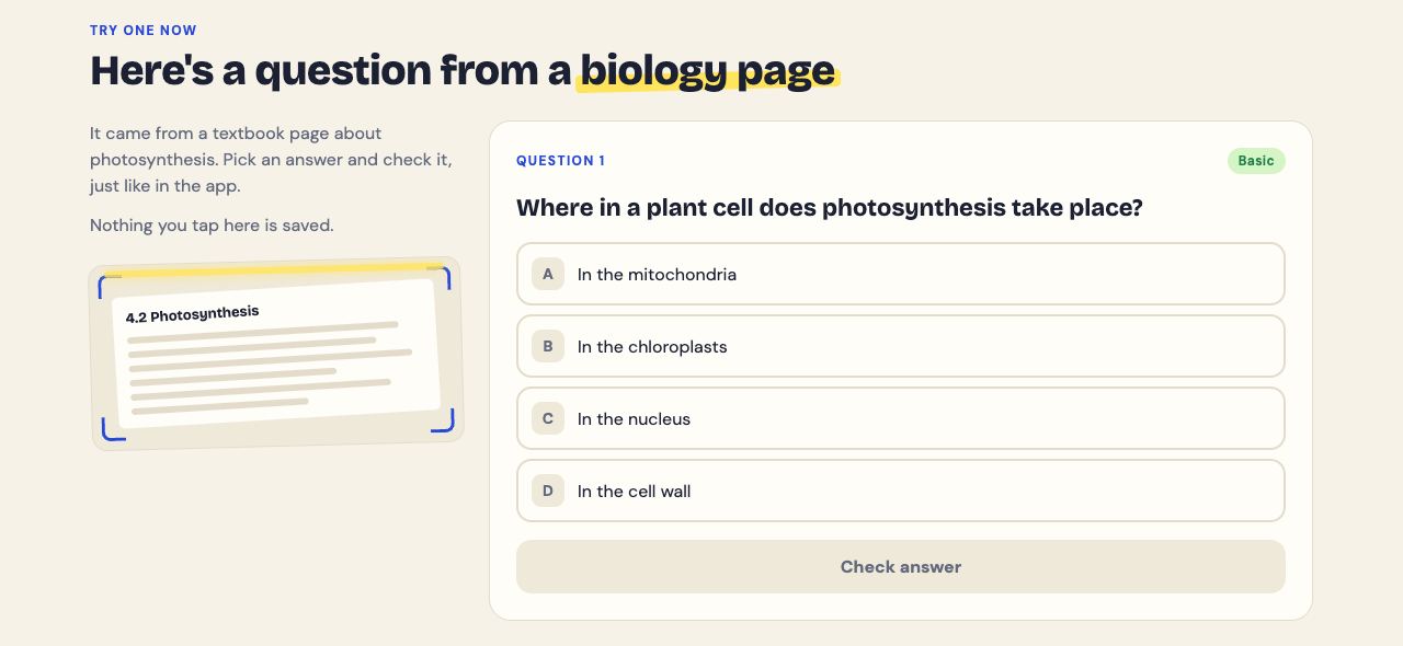 The Try one now section of the Study Shot home page, with a sample biology question about where photosynthesis takes place and four choices