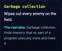 The Garbage collection power-up card on the Tank City Reboot page, with its line about freeing unused memory