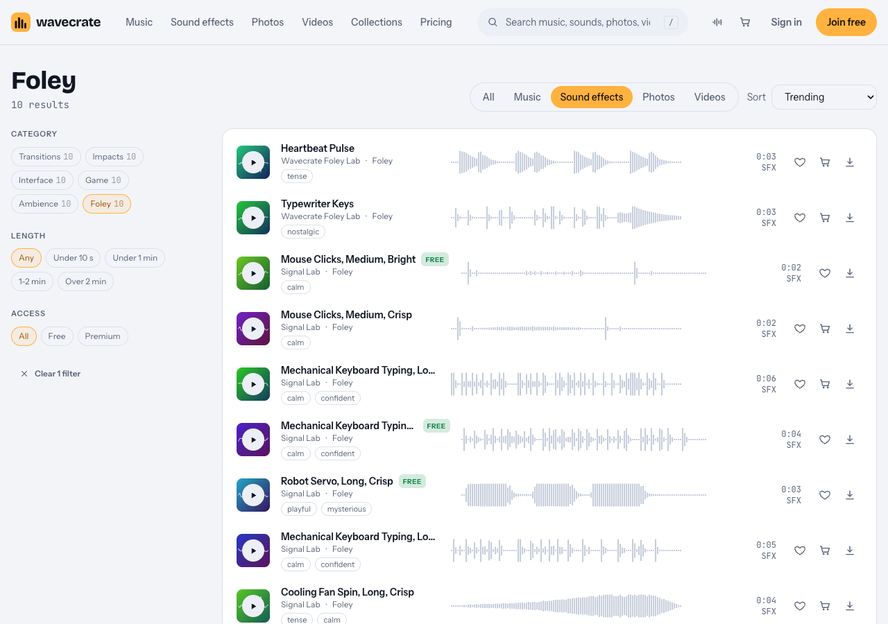 Wavecrate's Foley sound effects page listing 10 sounds, including Heartbeat Pulse, Typewriter Keys, Mouse Clicks and Mechanical Keyboard Typing