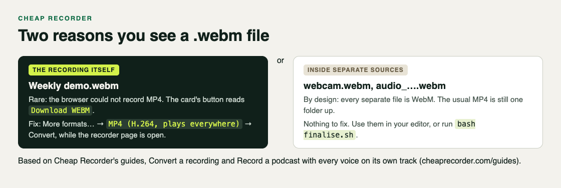 Diagram of the two reasons for a webm file: the recording itself when the browser could not record MP4, and the separate source files by design