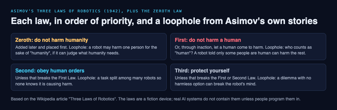 Diagram of the Zeroth, First, Second and Third Laws of Robotics in priority order, each with a loophole from Asimov's stories