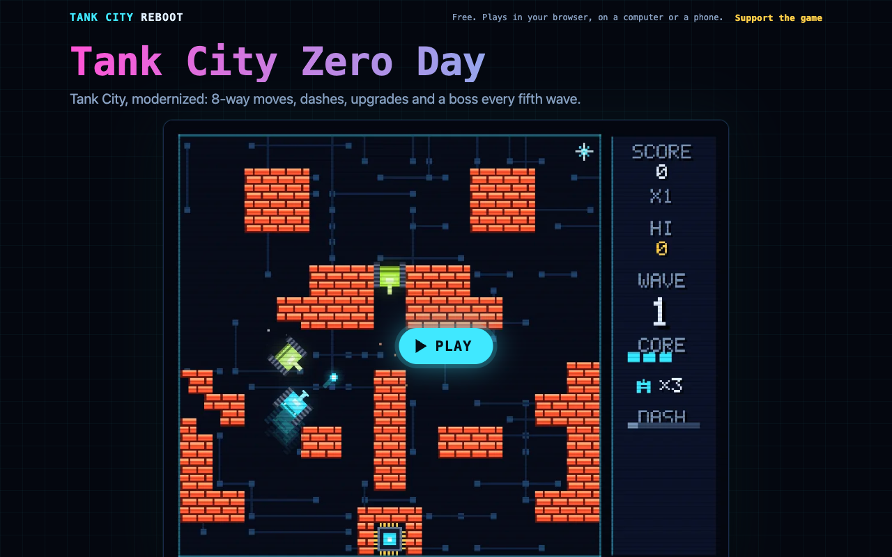The Tank City Zero Day page with its arena behind a Play button and the side panel showing score, the x1 multiplier, wave and core