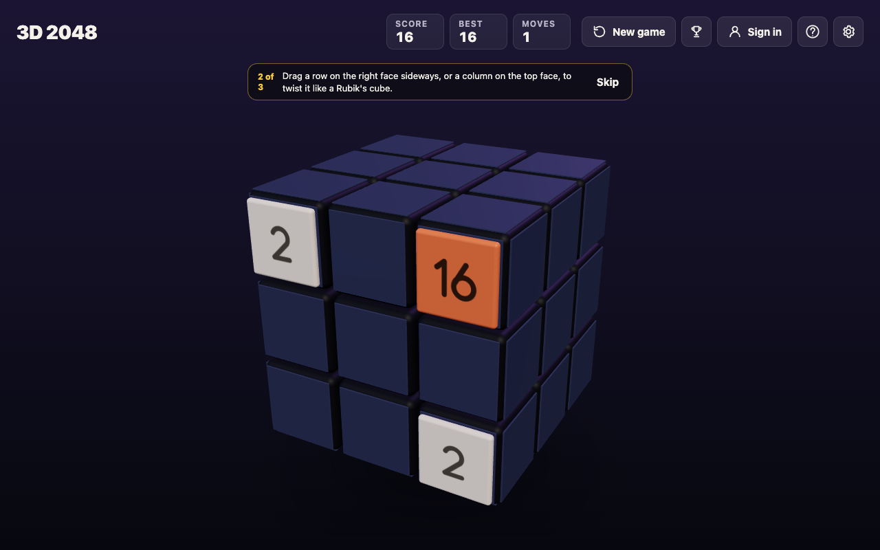 3D 2048 after one slide right: a 16 tile on the front face's top right square, the right face empty, Score 16 and Moves 1