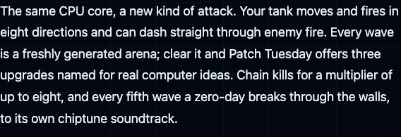The Tank City Zero Day page summary, which says Patch Tuesday offers three upgrades named for real computer ideas after each wave
