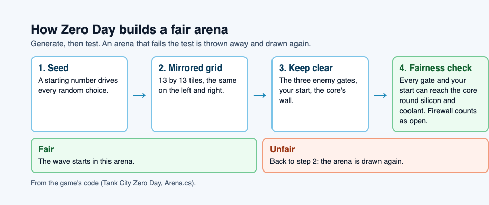 Diagram of how Tank City Zero Day builds an arena: seed, mirrored grid, clear gates and core, fairness check, redraw if unfair