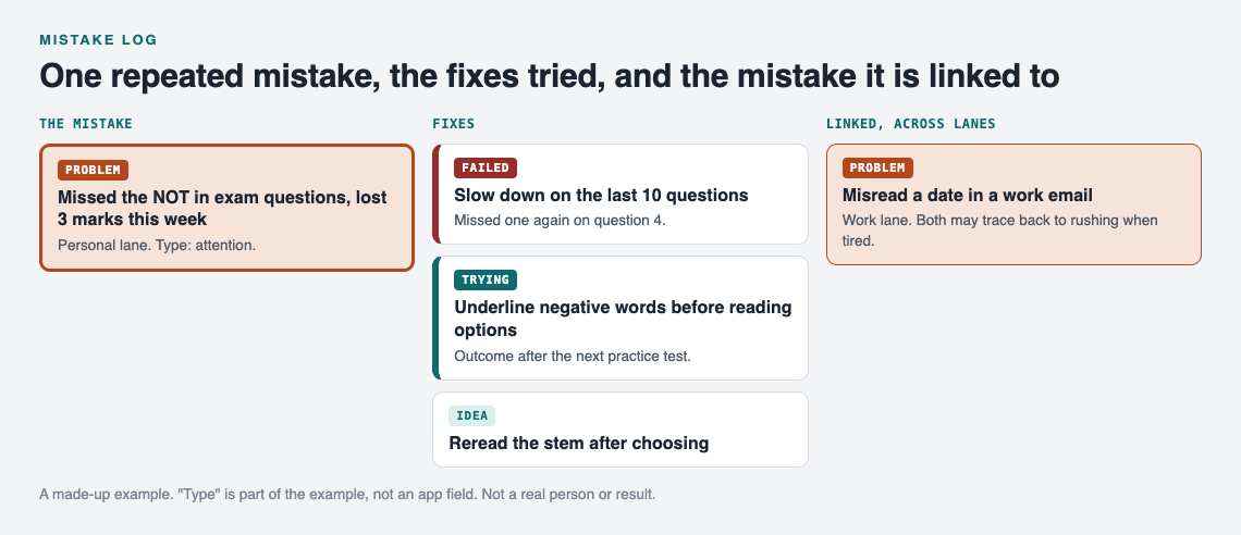 Diagram of a repeated exam mistake in the personal lane with one failed fix, one being tried and one idea, linked to a work mistake that shares a rushing cause