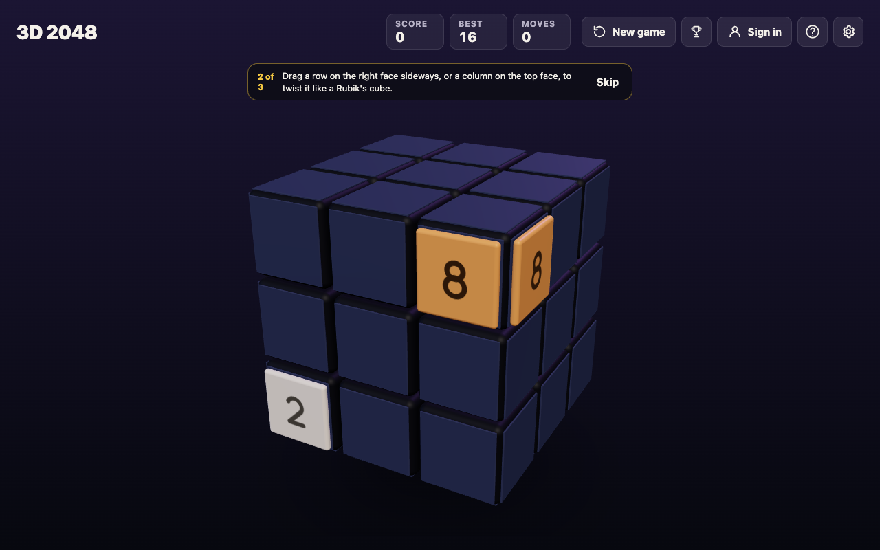 3D 2048 before the slide: an 8 on the front face's top right square and an equal 8 just over the edge on the right face