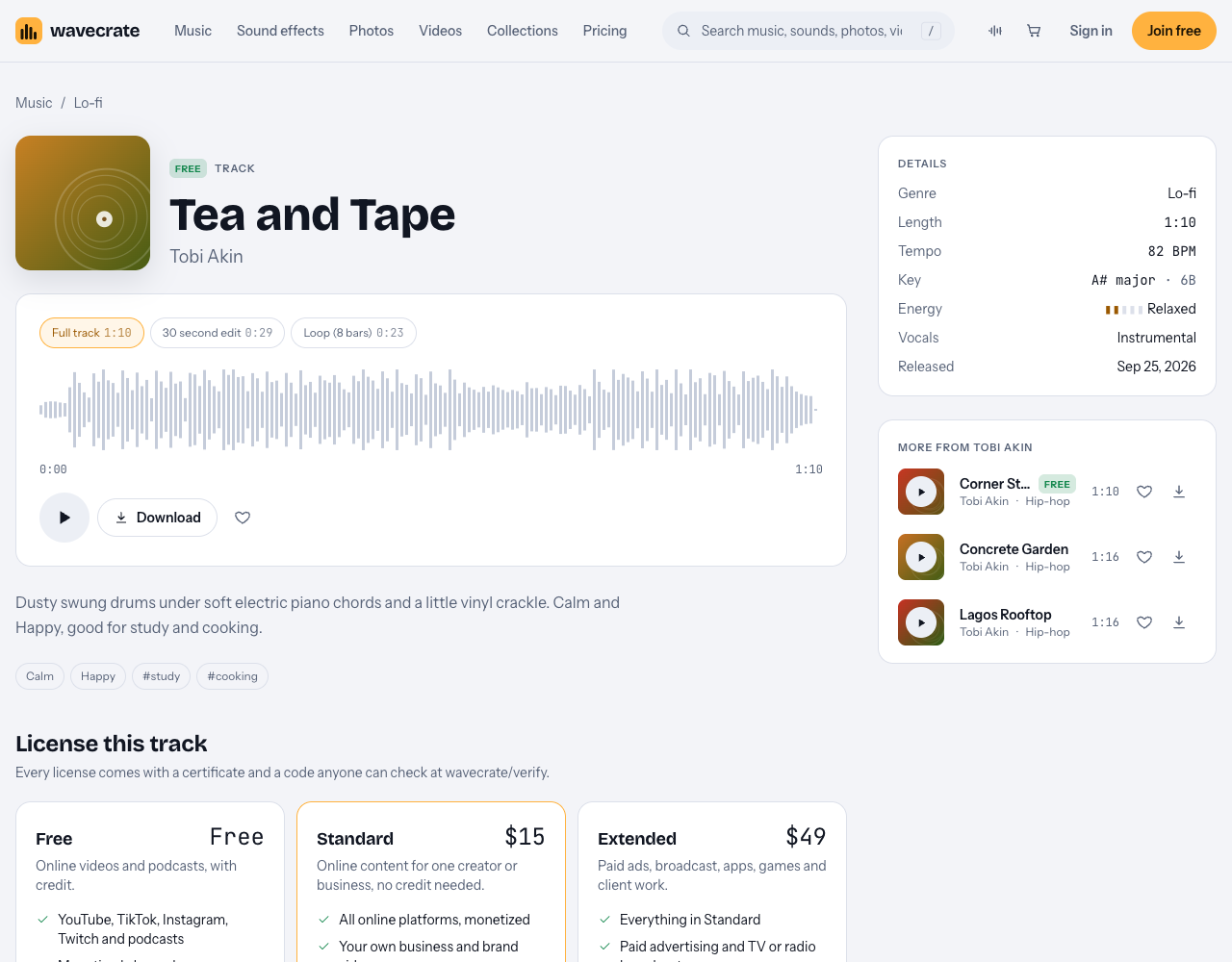 Tea and Tape track page on Wavecrate, marked Free, with its details and Free, Standard $15 and Extended $49 license cards