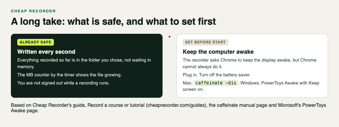 Diagram of what is already safe in your folder when the display goes dark and what to set before a long take