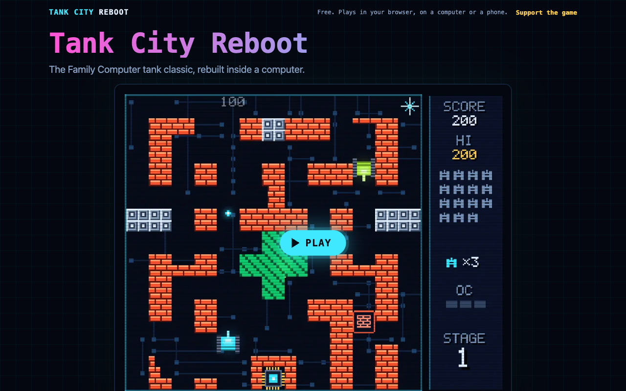 The Tank City Reboot home page with the first stage drawn behind a Play button and the score panel beside it