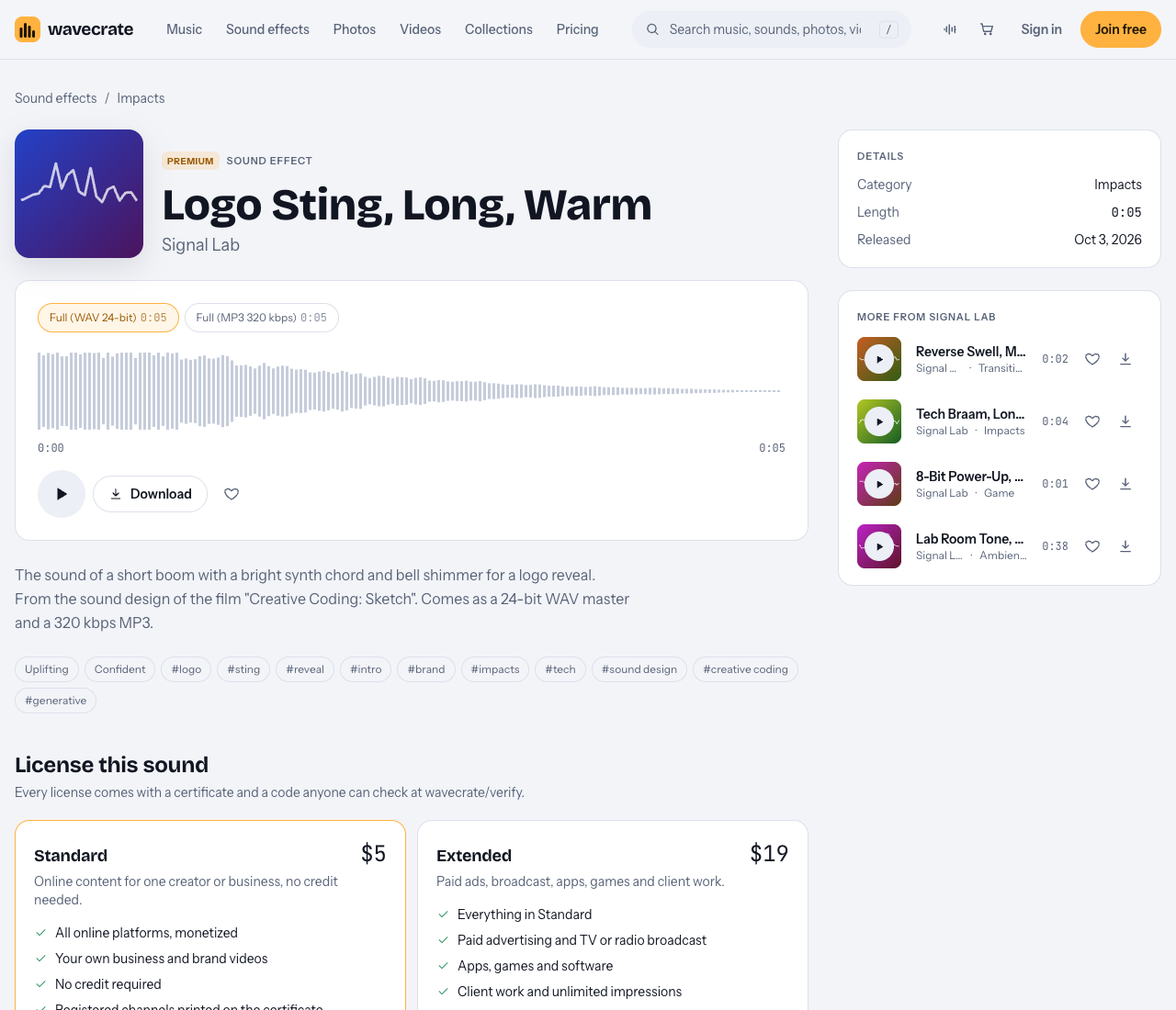 Logo Sting, Long, Warm sound page on Wavecrate with its description, tags for logo, reveal and brand, and Standard $5 and Extended $19 license cards