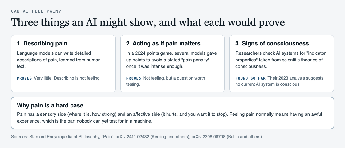 Diagram of three things an AI might show about pain, describing it, acting as if it matters, and signs of consciousness, with what each would prove