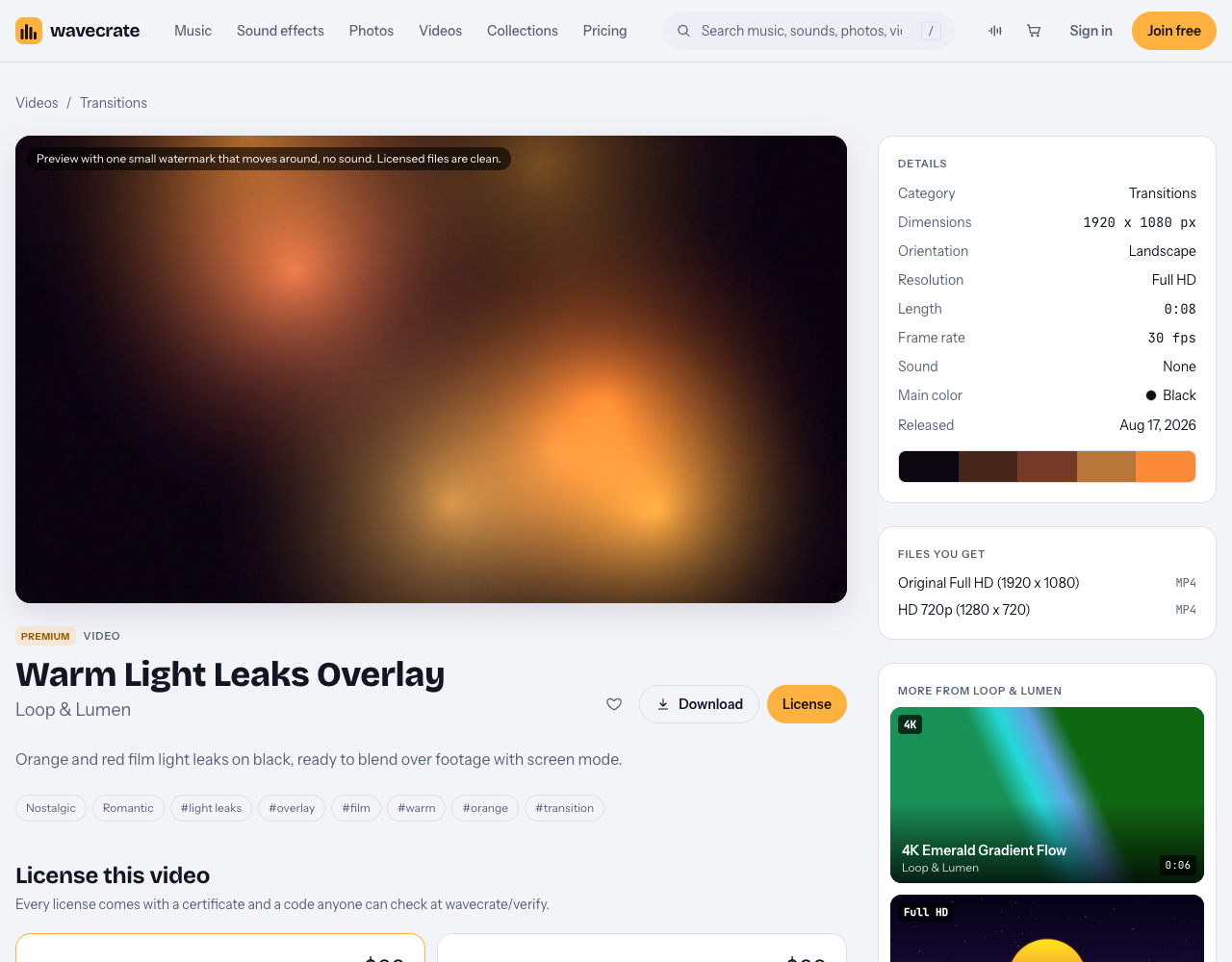 Warm Light Leaks Overlay video page on Wavecrate with its description, details and Standard $29 and Extended $99 license cards