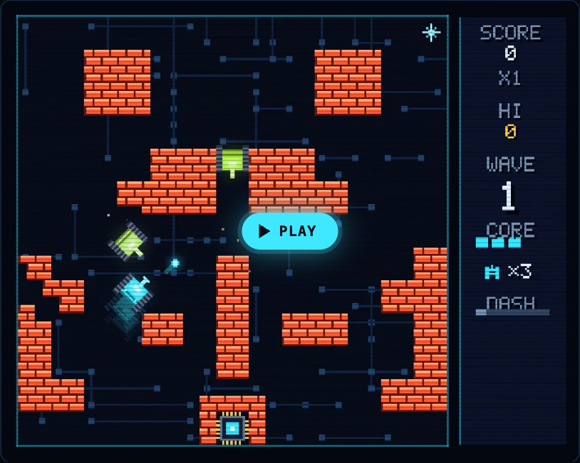 A Tank City Zero Day arena as the live page shows it before you press Play, with firewall blocks, tanks and the CPU core at the bottom