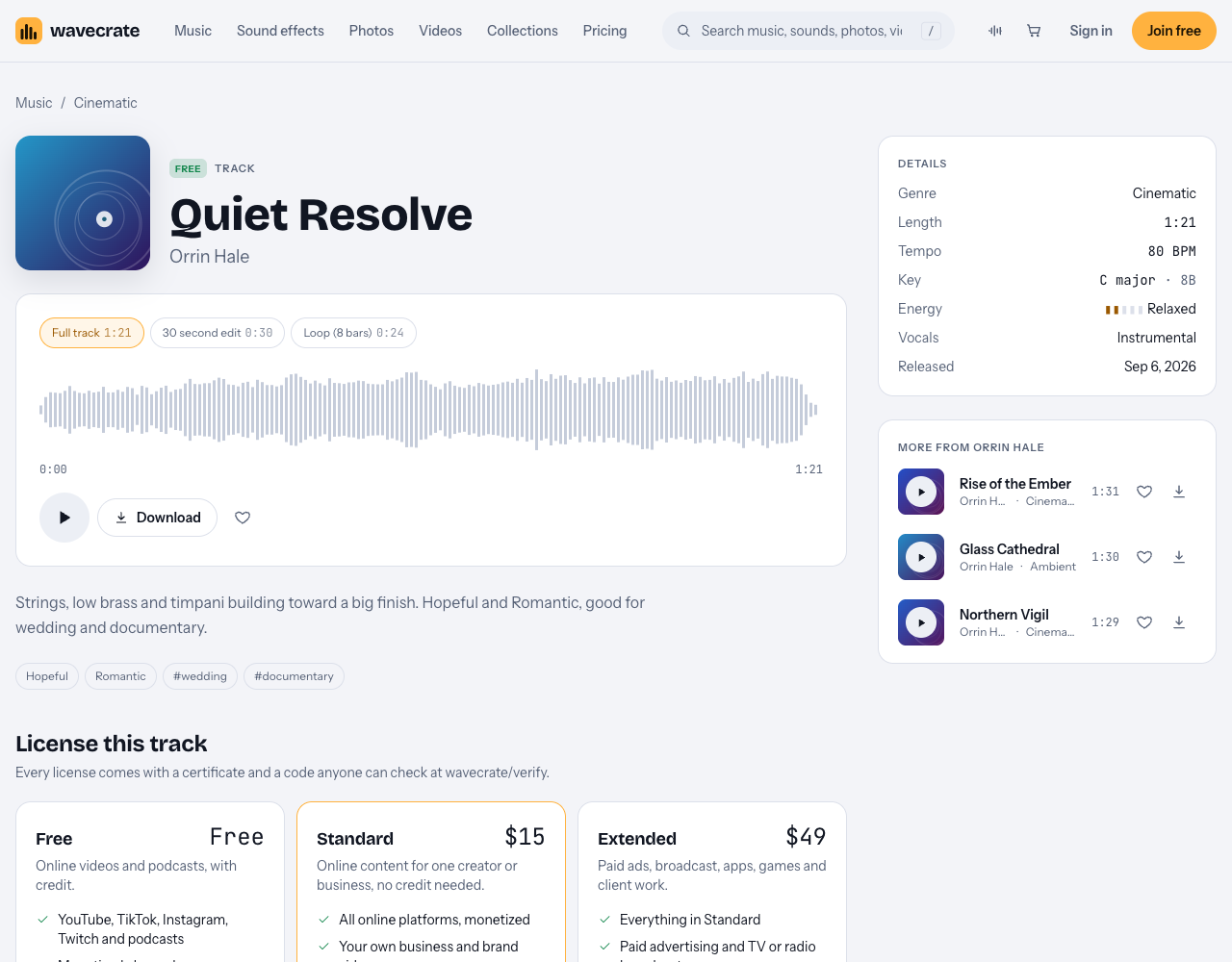 Quiet Resolve track page on Wavecrate, marked Free, with its details and Free, Standard $15 and Extended $49 license cards