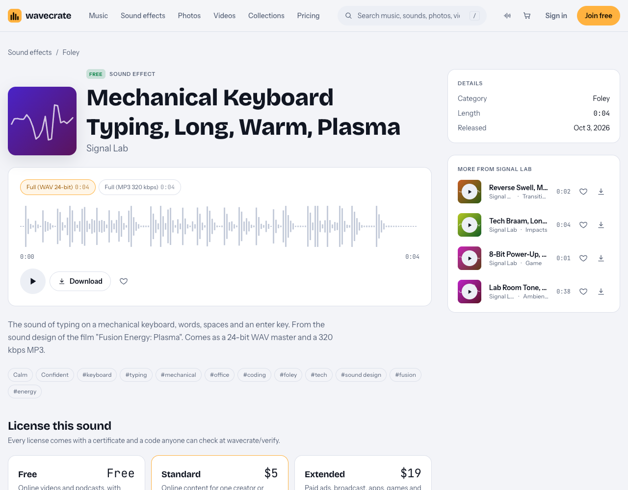 Mechanical Keyboard Typing, Long, Warm, Plasma sound page on Wavecrate, marked Free, with Free, Standard $5 and Extended $19 license cards