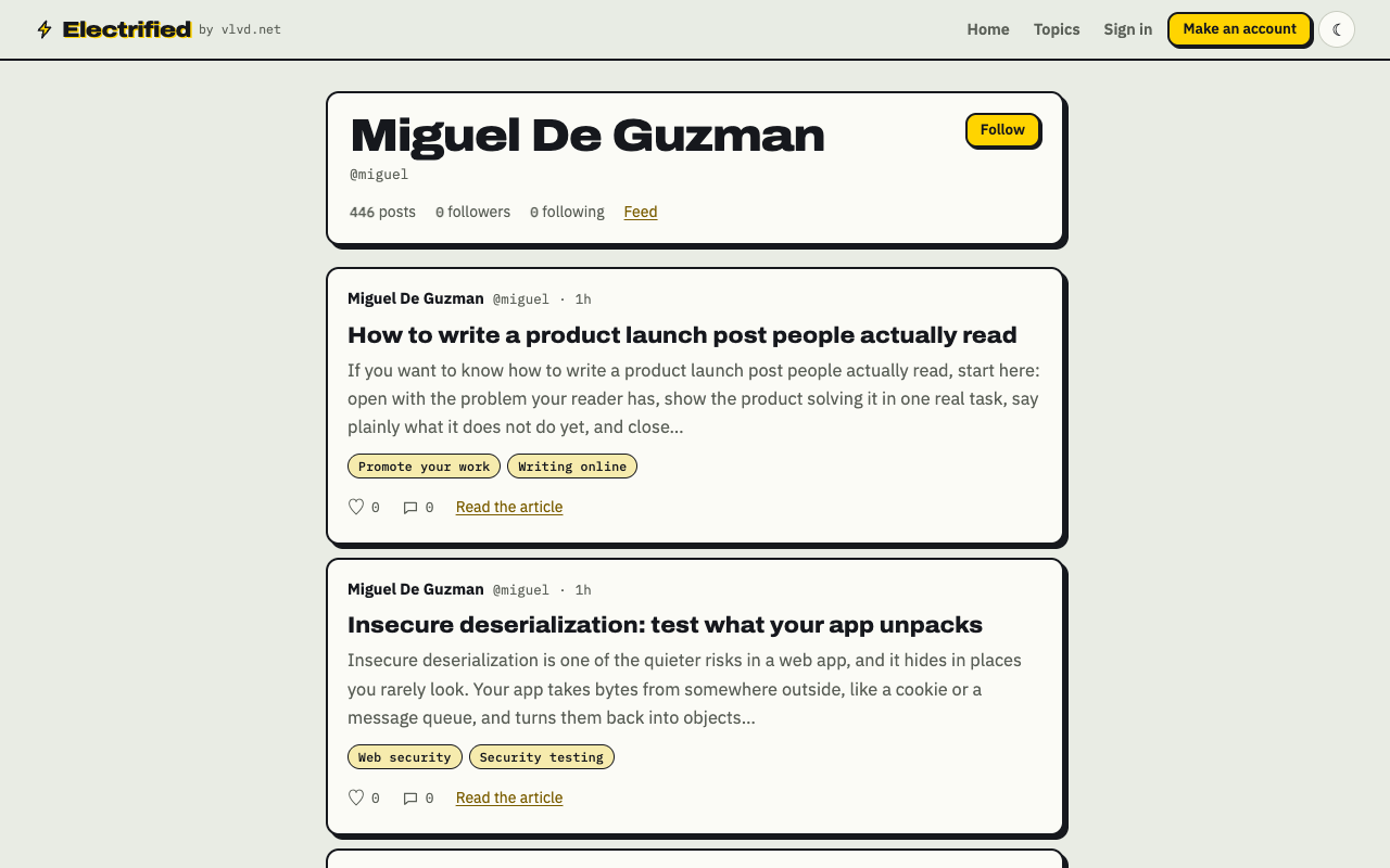 A writer's page on Electrified showing the name, handle, post and follower counts, a Follow button, a Feed link and recent posts with their topics