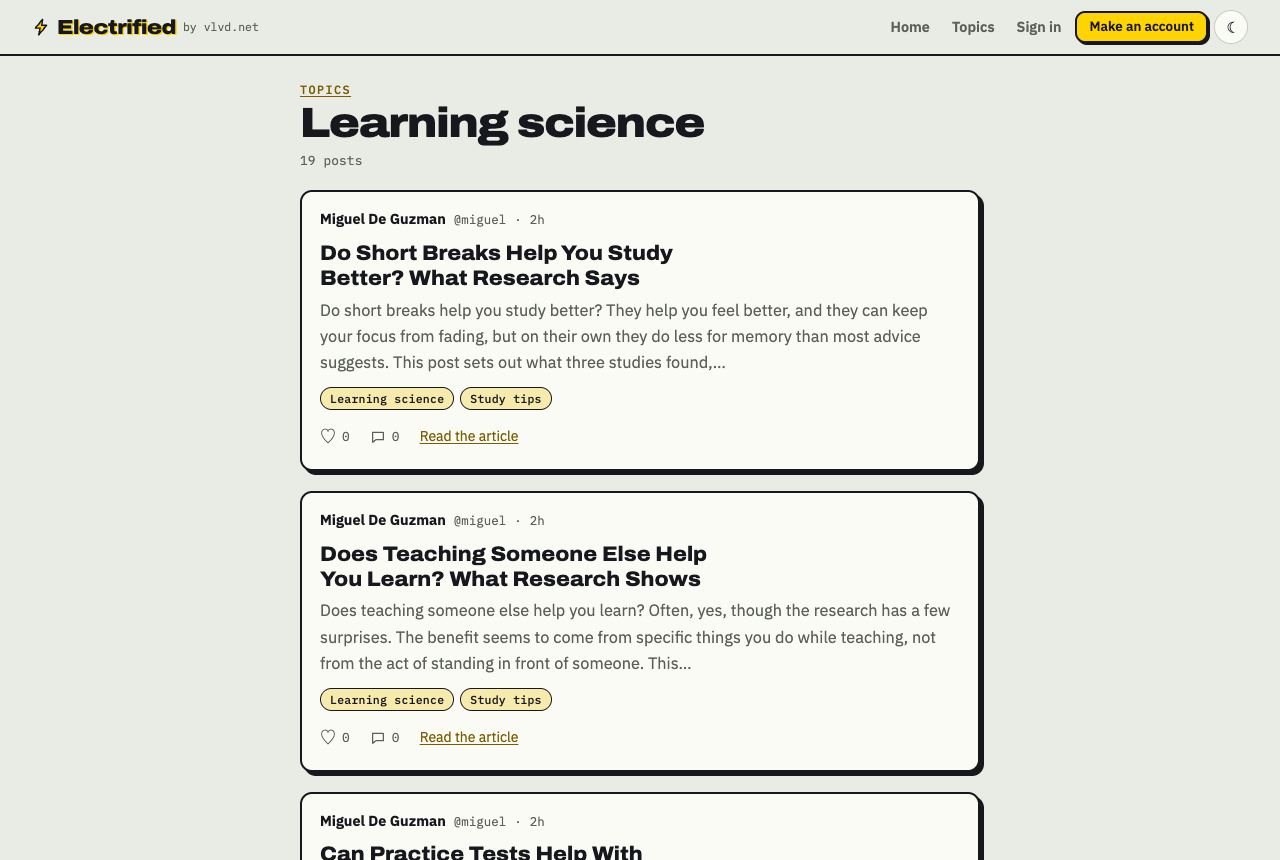 The live Learning science topic page on Electrified, showing its post count and the posts filed under it