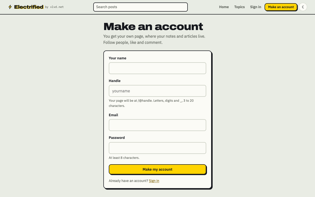 The Make an account page on Electrified with fields for name, handle, email and password