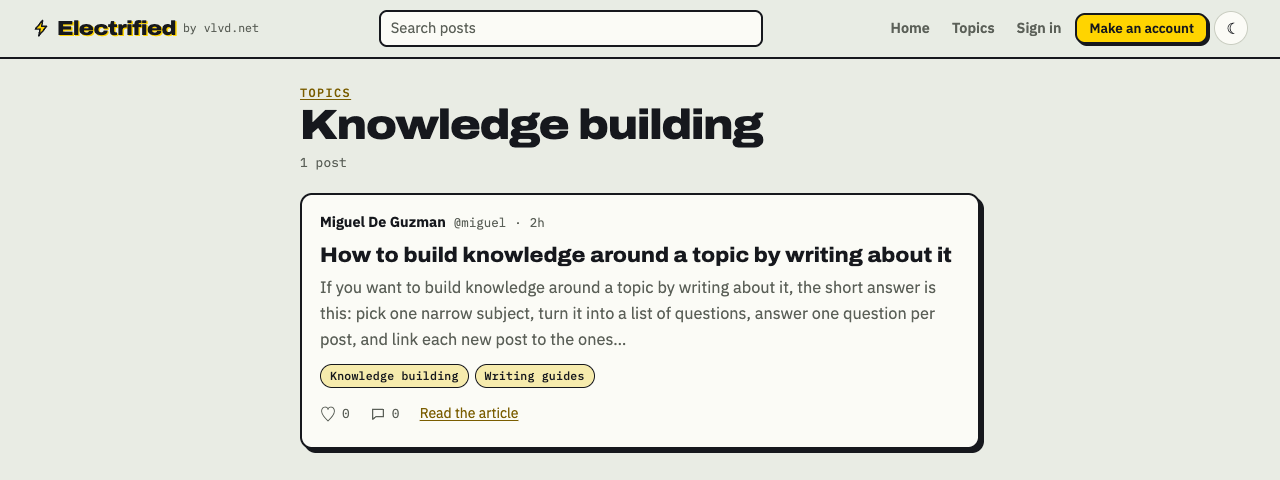 The Knowledge building topic page on Electrified, listing the posts filed under that topic