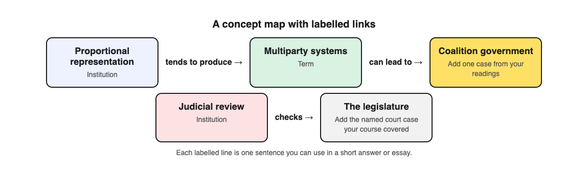 Diagram of a political science concept map with theories, institutions and terms linked by labelled lines and a case